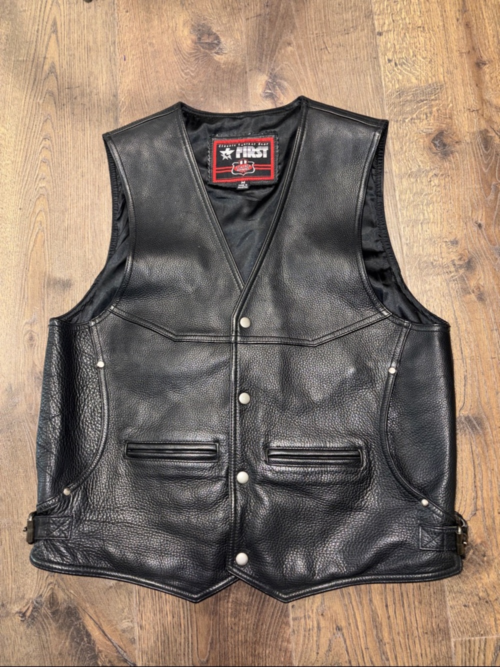 First Leather Apparel Leather Black Men's Vest - Classic Biker Style Size Medium
